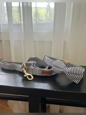 Sniff & Bark leash, collar and dapper tie set in blue stripe